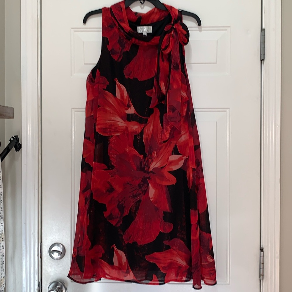 Sleeveless Red Floral Tie-Neck Dress